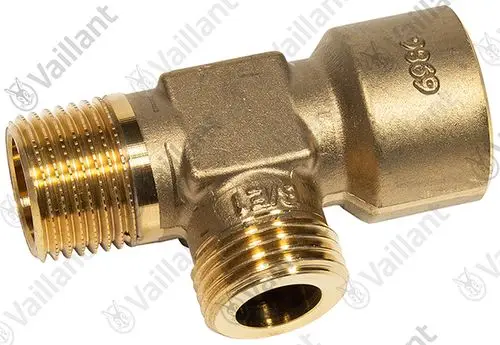 Vaillant T-Stück aus Messing mit zwei G 1/2-Gewinden und einem rechten Winkel. Anwendung in Rohrleitungssystemen zur Wasserverteilung.